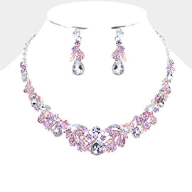Multi Stone Embellished Leaf Cluster Evening Necklace