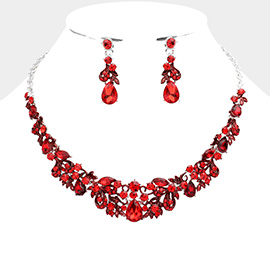Multi Stone Embellished Leaf Cluster Evening Necklace