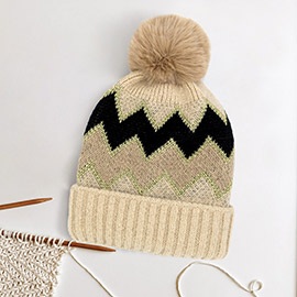 Zigzag Chevron Patterned Fuzzy Fleece Pom Pom Beanie Hat