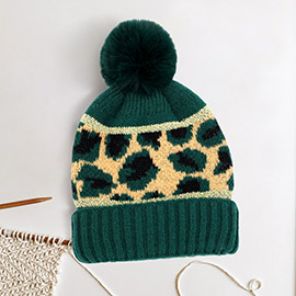 Leopard Patterned Pom Pom Beanie Hat