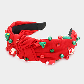 Christmas Tree Santa Claus Jingle Bell Glove Pearl Stone Embellished Knot Burnout Headband