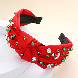 Christmas Tree Gift Pearl Stone Embellished Knot Burnout Headband