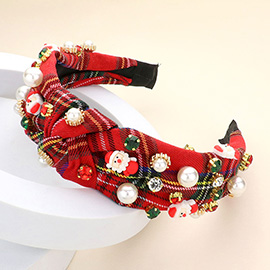 Christmas Santa Claus Pearl Stone Embellished Knot Burnout Check Patterned Headband