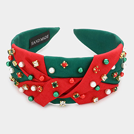 Pearl Stone Embellished Christmas Bow Headband