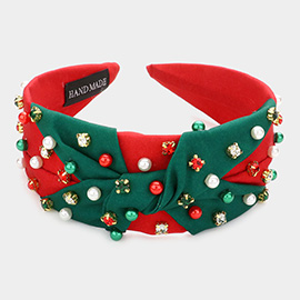 Pearl Stone Embellished Christmas Bow Headband
