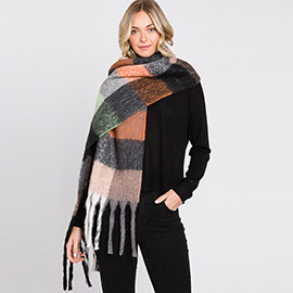 Multi Colored Plaid Check Patterned Fringe Oblong Scarf