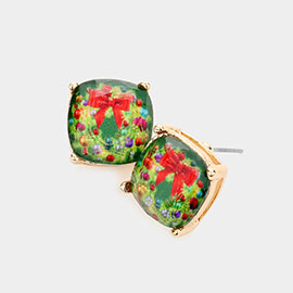 Christmas Wreath Cushion Square Stud Earrings