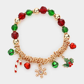 Candy Cane Snowflake Holly Leaves Metal Ball Faceted Beaded Stretch Bracelet