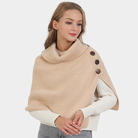 Button Pointed Slit Turtleneck Knit Shawl Scarf