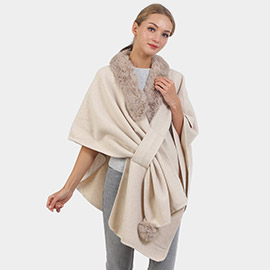 Faux Fur Collar Pom Pom Poncho