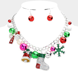 Pearl Bow Jingle Bell Christmas Sock Snowflake Pendant Necklace
