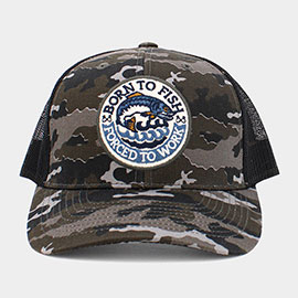 Born To Fish Forced To Work Message Mesh Back Camouflage Patterned Baseball Cap