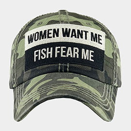 Women Want Me Fish Fear Me Message Camouflage Patterned Vintage Baseball Cap