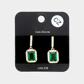 CZ Emerald Cut Stone Accented Dangle Evening Earrings
