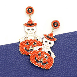 Seed Beaded Enamel Skull Pumpkin Dangle Earrings