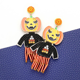 Enamel Pumpkin Wizard Felt Back Beaded Clothes Dangle Earrings