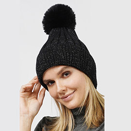 Lurex Ribbed Knit Pom Pom Beanie Hat