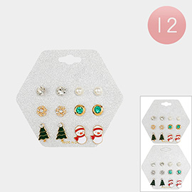 12 Set of 6 - Round Stone Pearl Snowflake Christmas Tree Snowman Stud Earrings
