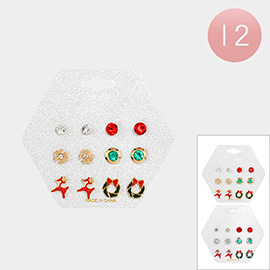 12 Set of 6 - Round Stone Snowflake Rudolph Wreath Stud Earrings