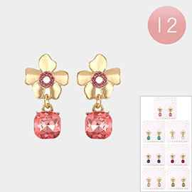 12PCS - Flower Cushion Square Stone Link Dangle Earrings