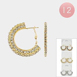 12PCS - Rhinestone Embellished Metal Hoop Earrings