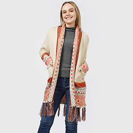 Ethnic Patterned Front Pocket Sweater Cardigan