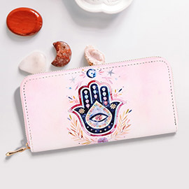 Evil Eye Centered Hamsa Hand Leaf Print Wallet