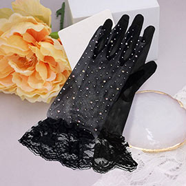 Stone Embellished Lace Cuff Mesh Dressy Wedding Gloves