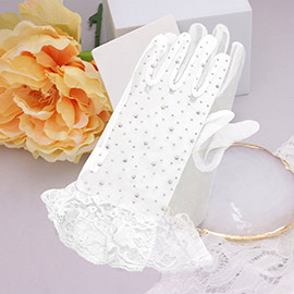 Stone Embellished Lace Cuff Mesh Dressy Wedding Gloves