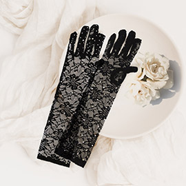 Stone Embellished Floral Lace Dressy Long Wedding Gloves