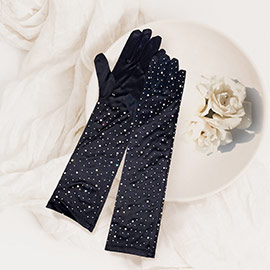 Stone Embellished Dressy Satin Long Wedding Gloves