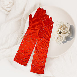 Stone Embellished Dressy Satin Long Wedding Gloves