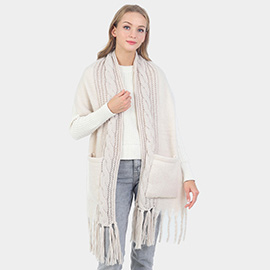 Solid Knit Pockets Tassel Oblong Scarf