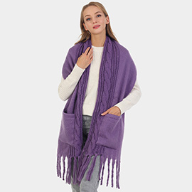 Solid Knit Pockets Tassel Oblong Scarf