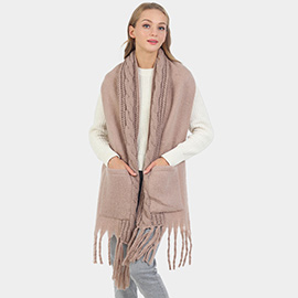 Solid Knit Pockets Tassel Oblong Scarf