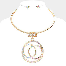 Rhinestone Embellished Open Circle Link Pendant Choker Necklace