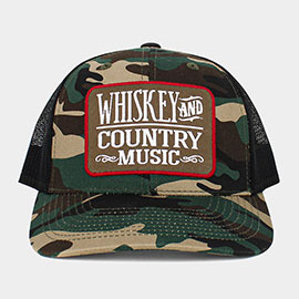 Whiskey and Country Music Message Camouflage Patterned Mesh Back Baseball Cap