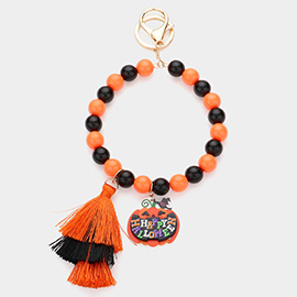 Happy Halloween Message Pumpkin Tassel Charm Beaded Keychain / Bracelet