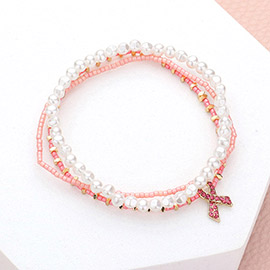 3PCS - Pink Ribbon Charm Pearl Beaded Stretch Bracelets