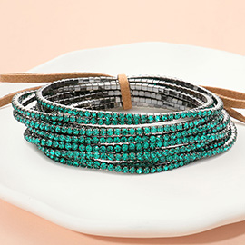 12PCS - Ribbon Colorful Rhinestone Layered Stretch Bracelets