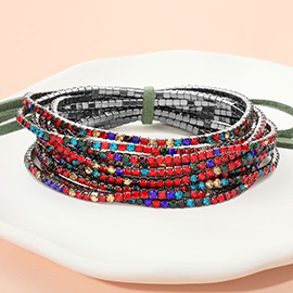 12PCS - Ribbon Colorful Rhinestone Layered Stretch Bracelets
