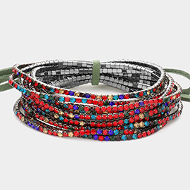 12PCS - Ribbon Colorful Rhinestone Layered Stretch Bracelets