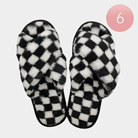 6Pairs - Checkerboard Faux Fur Crisscross Soft Home Indoor Floor Slippers