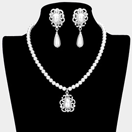 Teardrop Pearl Accented Necklace Clip on Earring Set