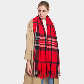 Plaid Check Patterned Fringe Oblong Scarf
