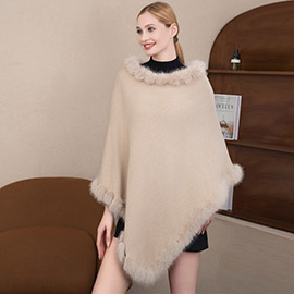 Faux Fur Trimmed Solid Poncho