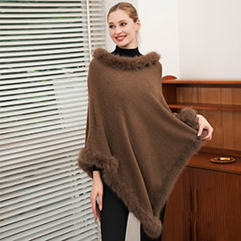 Faux Fur Trimmed Solid Poncho