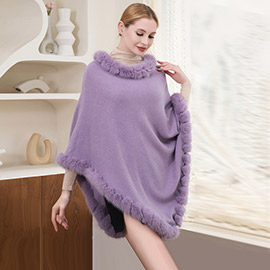 Faux Fur Trimmed Solid Poncho