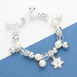 Rhinestone Centered Metal Snowflake Charm Beaded Stretch Bracelet