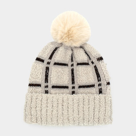 Plaid Check Patterned Pom Pom Beanie Hat